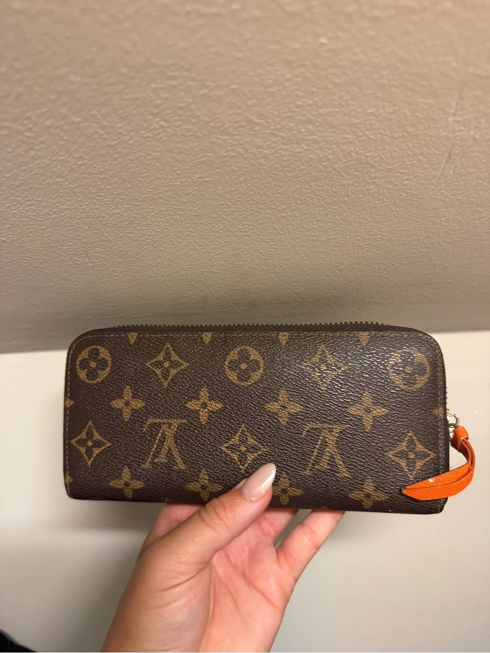 Monogram Zip Around Wallet in Brown with Orange Pull Tab